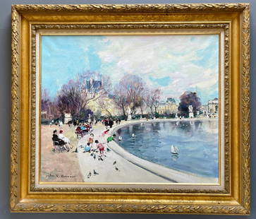 Jules Rene Herve French 1887-1981 Original Oil on Canvas Impressionist Painting Jardin des Tuileries: Jules Rene Herve French 1887-1981 Original Oil on Canvas Impressionist Painting Jardin des Tuileries Paris Grand Basin Mid Century Cityscape Site measurements approximately 18 1/8 x 21 7/8 inches, app