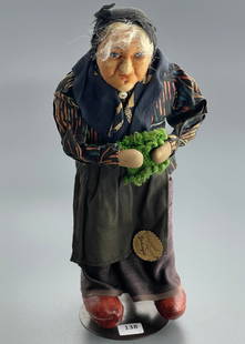 Vintage c 1920 Bernard Ravca French Stockinette Face Old Lady Character Doll Tagged Original Ravca: Vintage c 1920 Bernard Ravca French Stockinette Face Old Lady Character Doll Tagged Original Ravca Gascogne France Approximately 9 1/4 inches tall without the stand.