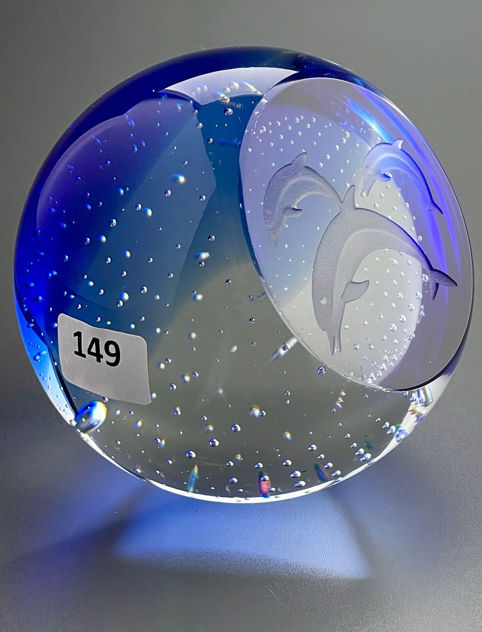 Scottish Intaglio Blue Art Glass Glass Dolphin Sea Live Controlled Bubble Paperweight Marked (1 of 4)