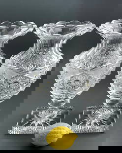 Impressive Pair Anglo Irish Style Large Cut Glass Heavy Crystal Flower Vase on Square Base Lot of 2: Impressive Pair Anglo Irish Style Large Cut Glass Heavy Crystal Flower Vase on Square Base Lot of 2 Approximately 12 1/4 inches tall.