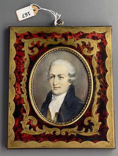 Man in Powdered Wig Portrait Miniature Antique Signed Fine Oval Painting Under Bowed Glass in Boulle: Man in Powdered Wig Portrait Miniature Antique Signed Fine Oval Painting Under Bowed Glass in Boulle Style Frame The visible image is approximately 3 1/4 x 2 1/2 inches, approximately 5 1/2 x 4 3/4 in