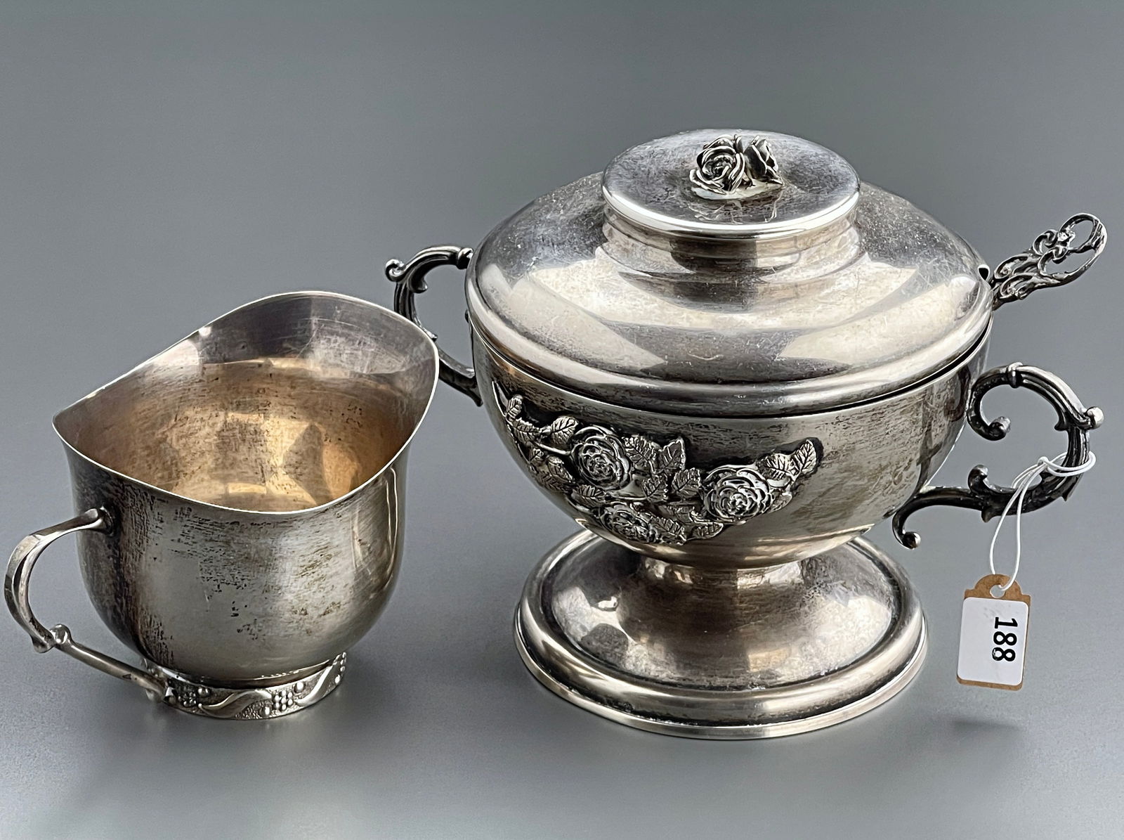 Polish Solid Silver Rose Lidded Sugar Bowl Spoon Set and Silver Creamer Vintage WARMET Metal (1 of 8)