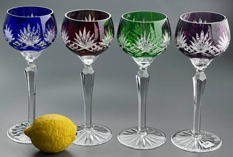 Color Glass Cut to Clear Crystal Goblets Lot of 4 Vintage Wine Glasses: Color Glass Cut to Clear Crystal Goblets Lot of 4 Vintage Wine Glasses Approximately 8 1/4 inches tall.