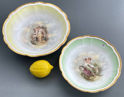 Antique German Garden Cupid & Beauty Bavarian Porcelain Bowl by Zeh, Scherzer & Co. c 1900 Lot of 2: Antique German Garden Cupid & Beauty Bavarian Porcelain Bowl by Zeh, Scherzer & Co. c 1900 Lot of 2 Bowls Approximately 2 x 8 1/2 inches in diameter and 2 1/2 x 10 1/4 inches in diameter.