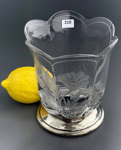 Hawkeyes Intaglio Cut Poppy Crystal Vase on Sterling Silver Base: Hawkeyes Intaglio Cut Poppy Crystal Vase on Sterling Silver Base Approximately 6 1/8 inches tall x 5 1/2 inches in diameter.