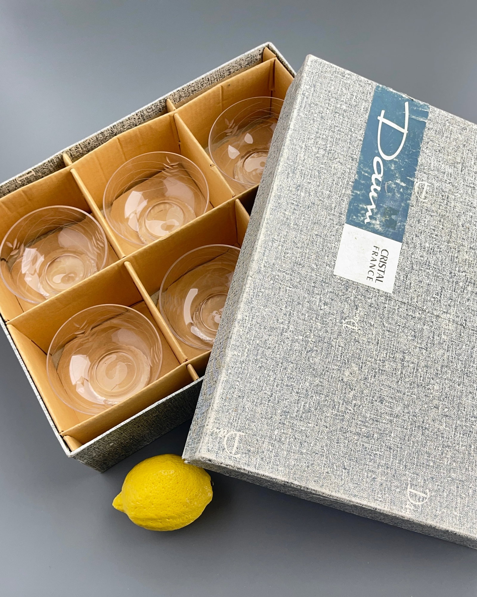 French Daum Crystal Signed Footed Bowls in Original Box Lot of 6 Boxed Mid Century Cut Glass Made in (1 of 10)