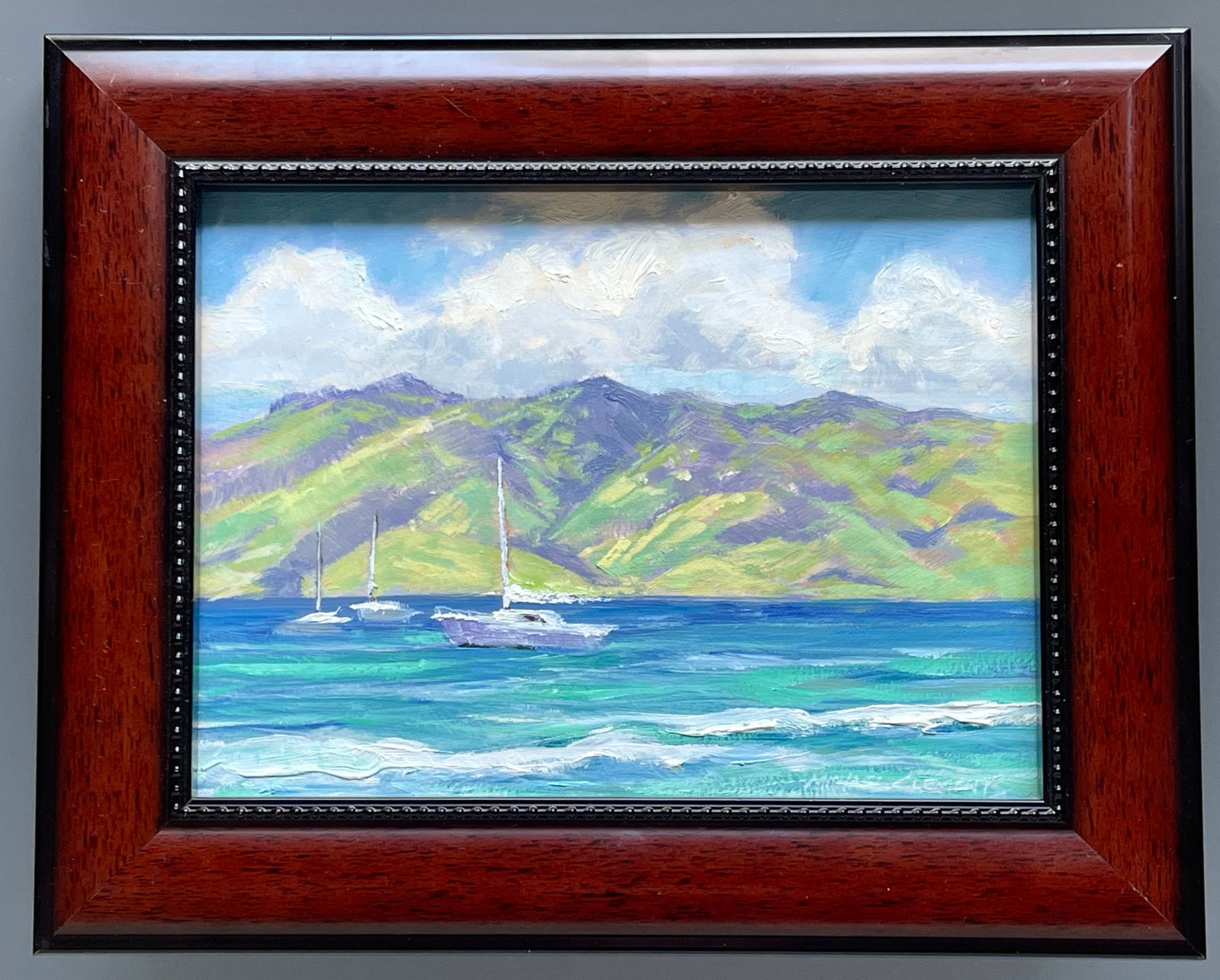 Ocean View with Sail Boats Small Framed Painting on Board Michael Clements Modern American Artist: Ocean View with Sail Boats Small Framed Painting on Board Michael Clements Modern American Artist Maui Hawaii c.Late 20th Century Site approximately 6 1/2 x 8 1/2 inches, approximately 8 1/4 x 10 1/4
