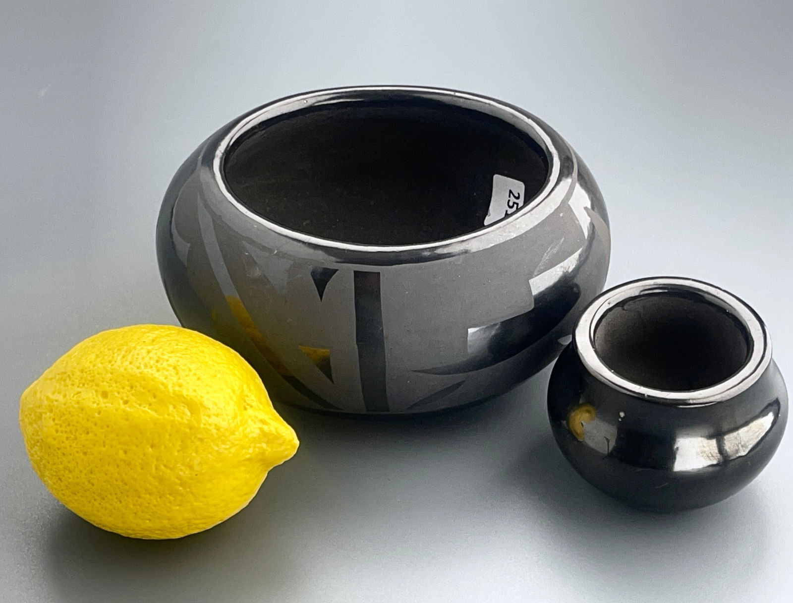 Frances Salazar Pueblo Santa Clara Native American Black Pottery Bowl together with Small Bowl (1 of 8)