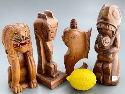 Vintage Folk Art Tribal Wood Carved Sculptures Maori Tiki Teko Teko Alaska Raven Hawaii Fish: Vintage Folk Art Tribal Wood Carved Sculptures Maori Tiki Teko Teko Alaska Raven Hawaii Fish Primitive Lion Lot of 4 Wooden Figurines as picturedApproximately from 7 1/8 to 8 7/8 inches tall.