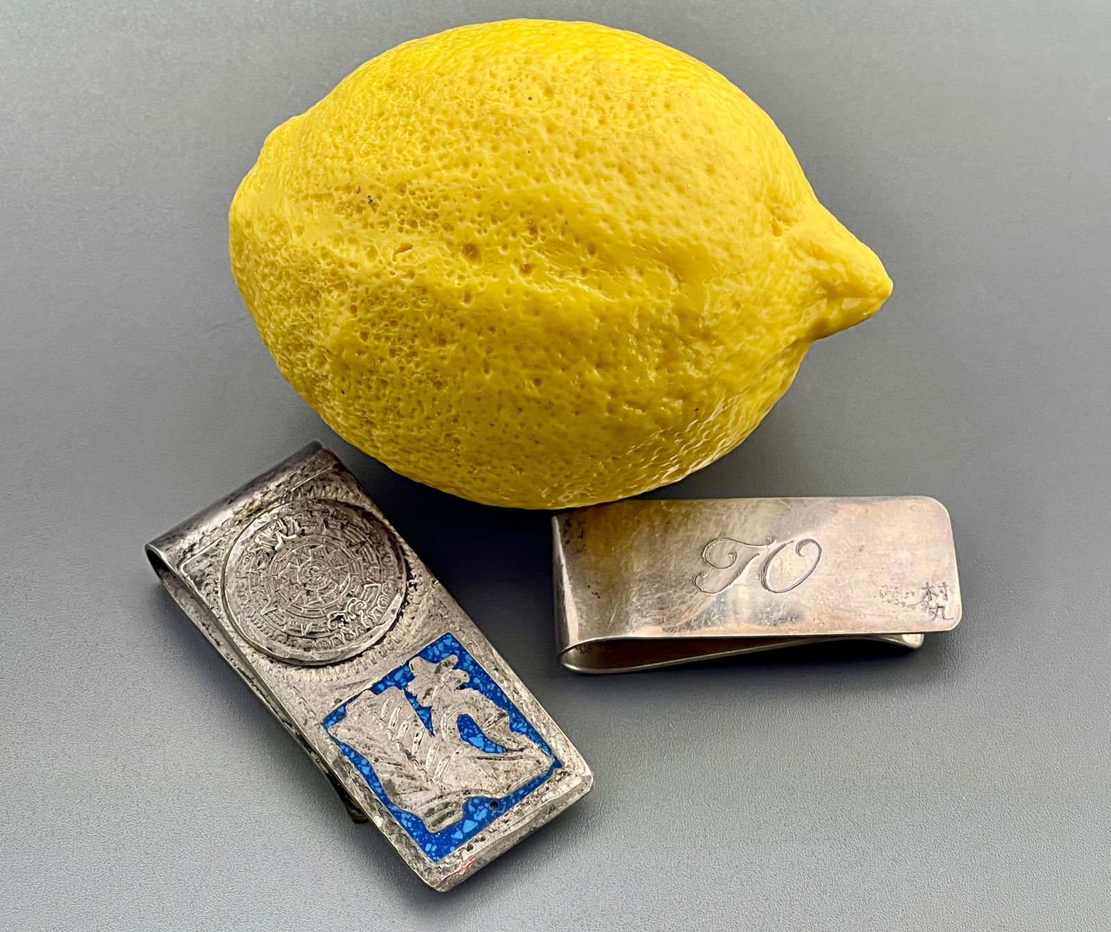 925 Sterling Silver Money Clip One Mayan Calendar Above Cowboy Boot on Blue Enamel Background and (1 of 4)