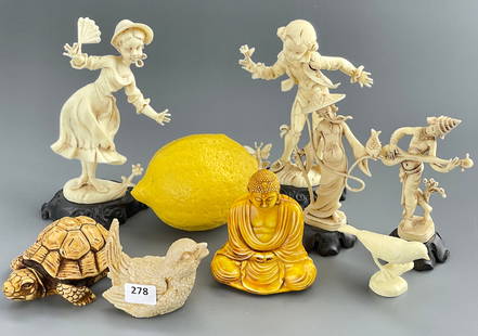 Vintage Mid Century Italian Plastic Figurines in Pairs Celluloid Buddha Faux Ivory Composition: Vintage Mid Century Italian Plastic Figurines in Pairs together with Celluloid Buddha Faux Ivory Composition Turtle and Bird