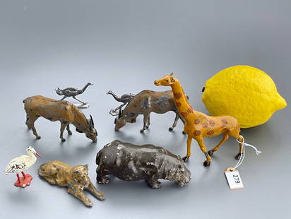 John Hill & Co Antique Painted Lead Figurines Collection of 6 African Toy Animals Lioness Giraffe: John Hill & Co Antique Painted Lead Figurines Collection of 6 African Toy Animals Lioness Giraffe Hippo etc. Johillco Figures Made in England including 2 Vintage Probably German Strauss Unpainted Die