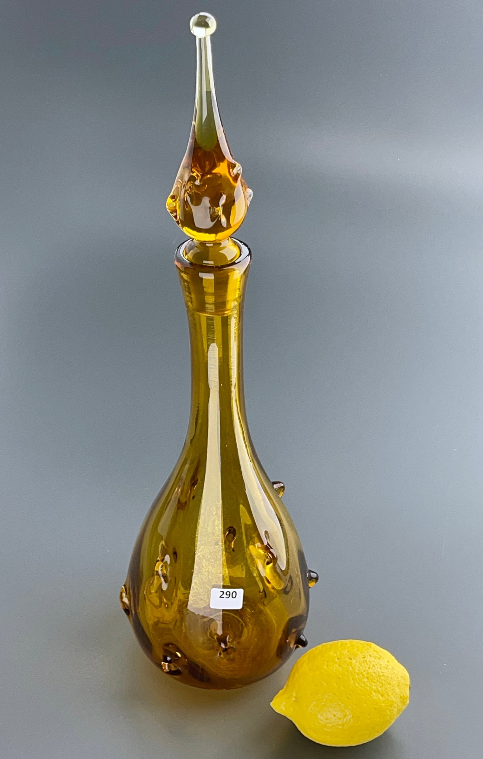 Boschoff Midcentury 1950 Honey Amber Pontil Blown Pinched Glass Genie Bottle Decanter with Original (1 of 6)