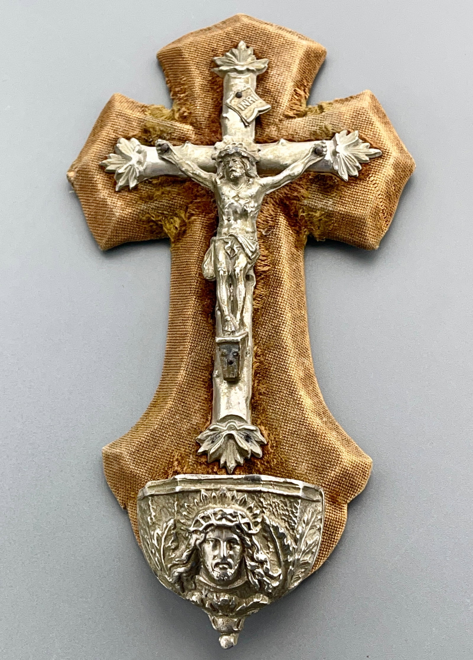 Antique French Crucifixion Holy Water Font Silvered Metal on Velvet Cross Catholic Religion: Antique French Crucifixion Holy Water Font Silvered Metal on Velvet Cross Catholic Religion c.1880 Approximately 8 1/4 x 4 3/8 inches overall.