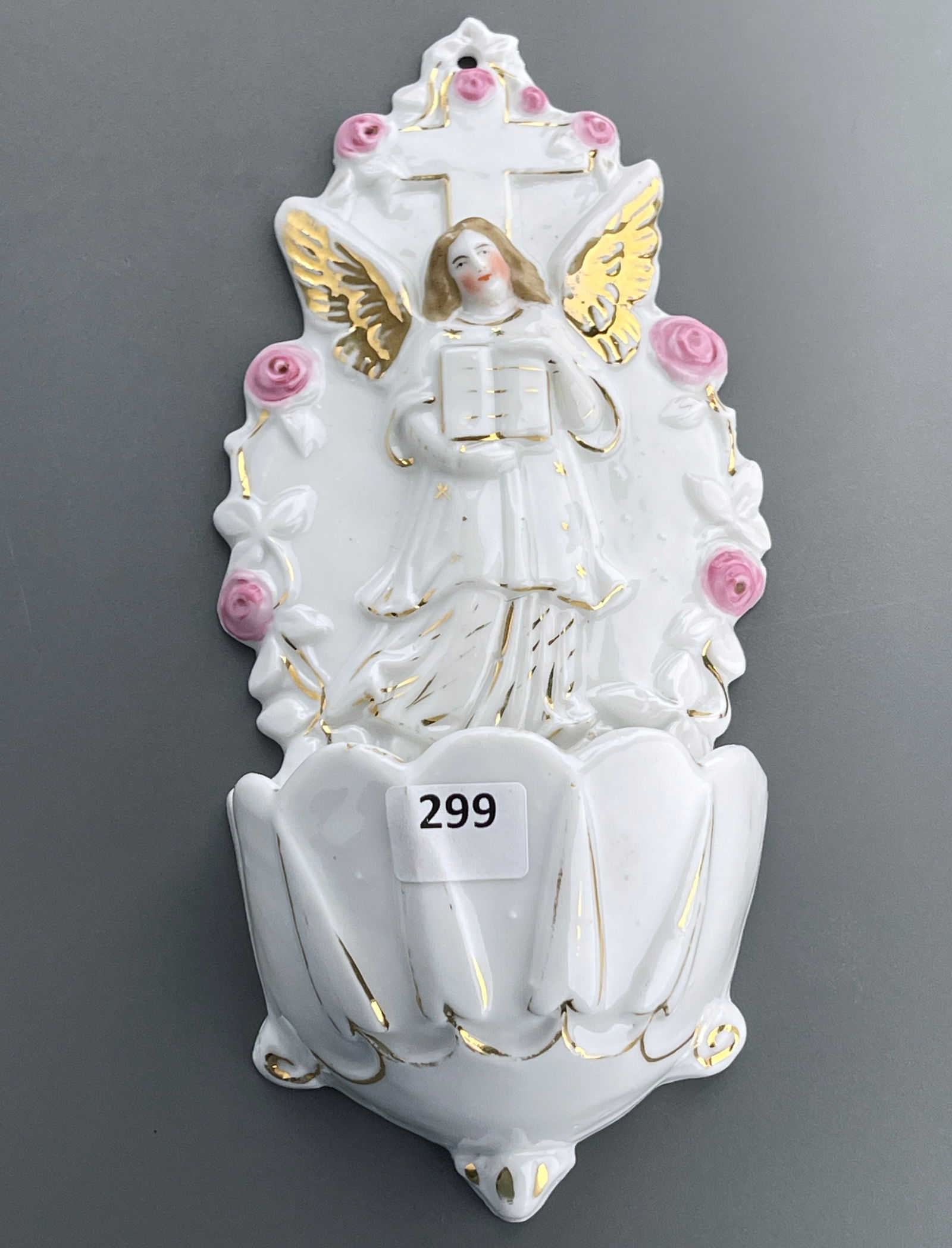 Antique German Porcelain Angel Holy Water Font c 1900 Catholic Religious Wallsconce Plaque (1 of 7)