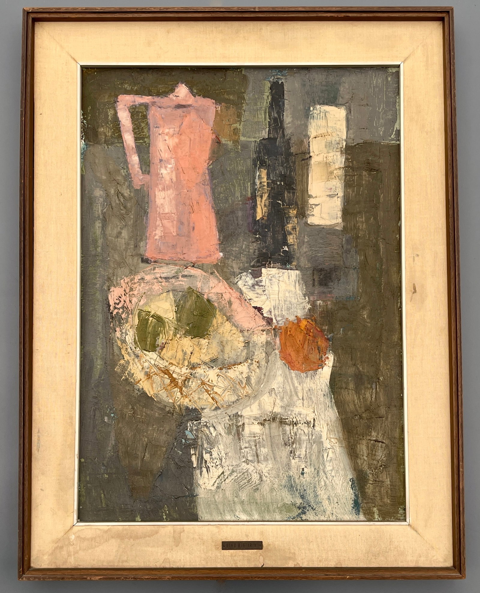 Natura Morte Mid Century Abstract Still Life Oil on Canvas Painting Attributed to Gino Bigiarini: Natura Morte Mid Century Abstract Still Life Oil on Canvas Painting Attributed to Gino Bigiarini Italian 1927 - 2010 Unsigned Tarnished Brass Frame Tag Reads Gino Bigiarini The site is approximately 2
