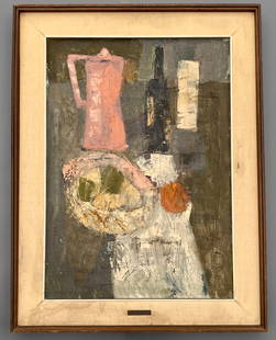 Natura Morte Mid Century Abstract Still Life Oil on Canvas Painting Attributed to Gino Bigiarini: Natura Morte Mid Century Abstract Still Life Oil on Canvas Painting Attributed to Gino Bigiarini Italian 1927 - 2010 Unsigned Tarnished Brass Frame Tag Reads Gino Bigiarini The site is approximately 2