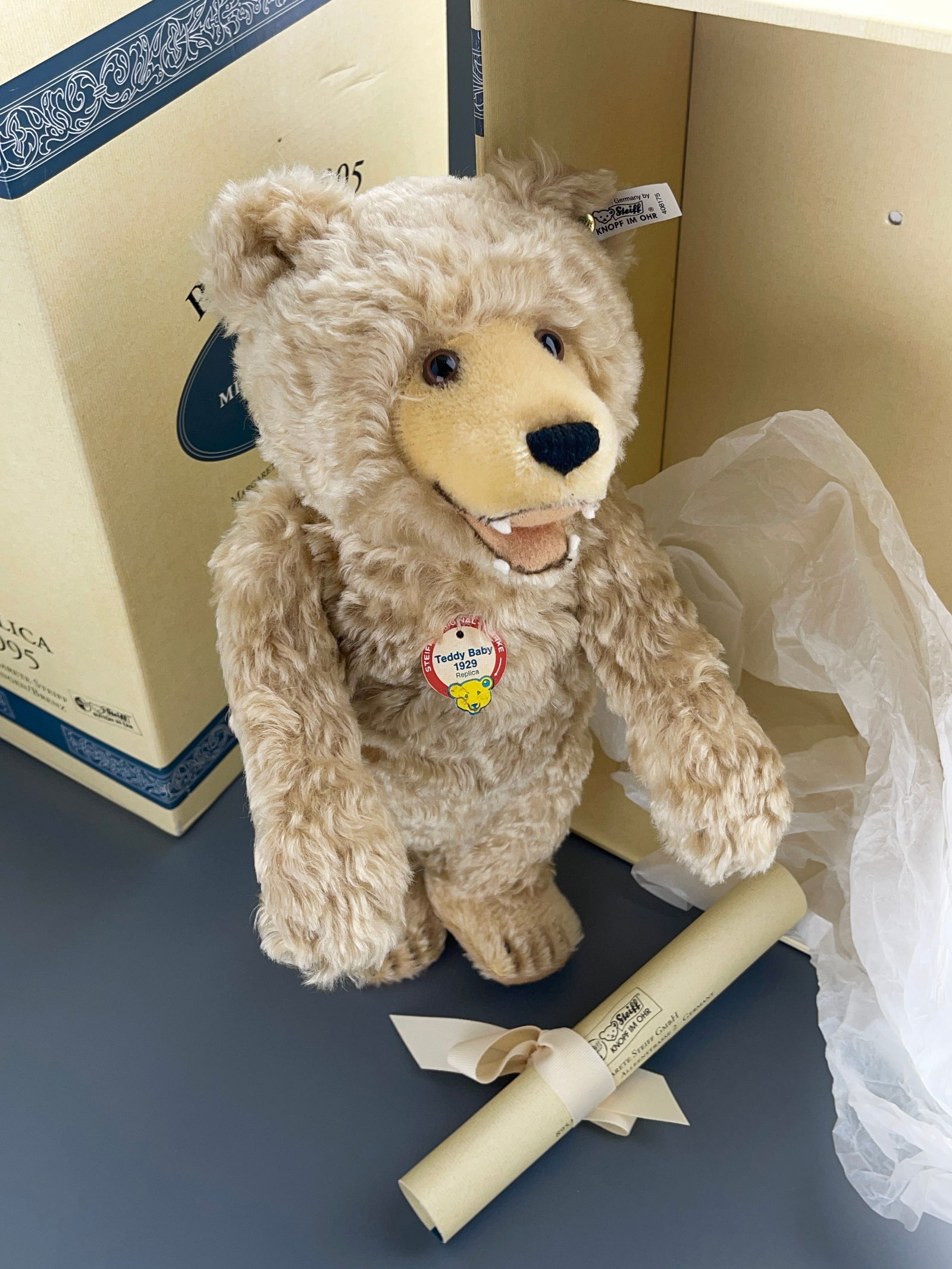 Teddy Baby Replica 1929 Historical Steiff Mohair Bear Limited Edition Reproduction Blond 35 With: Teddy Baby Replica 1929 Historical Steiff Mohair Bear Limited Edition Reproduction Blond 35 With Teeth Original Box Certificate of Authenticity