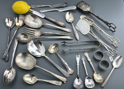 Lot of Silverplate Flatware including Servings Napkin Rings Salad Tongs etc Antique Vintage and: Lot of Silverplate Flatware including Servings Napkin Rings Salad Tongs etc Antique Vintage and Newer Assortment Approximately 24 Items Total
