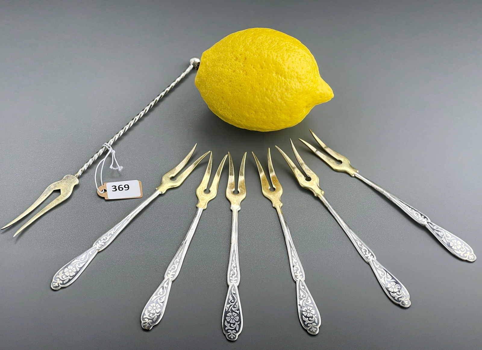 Russian Niello Silver Fruit Cocktail Forks Set of 6 together with other 875 Soviet Era Sterling (1 of 6)