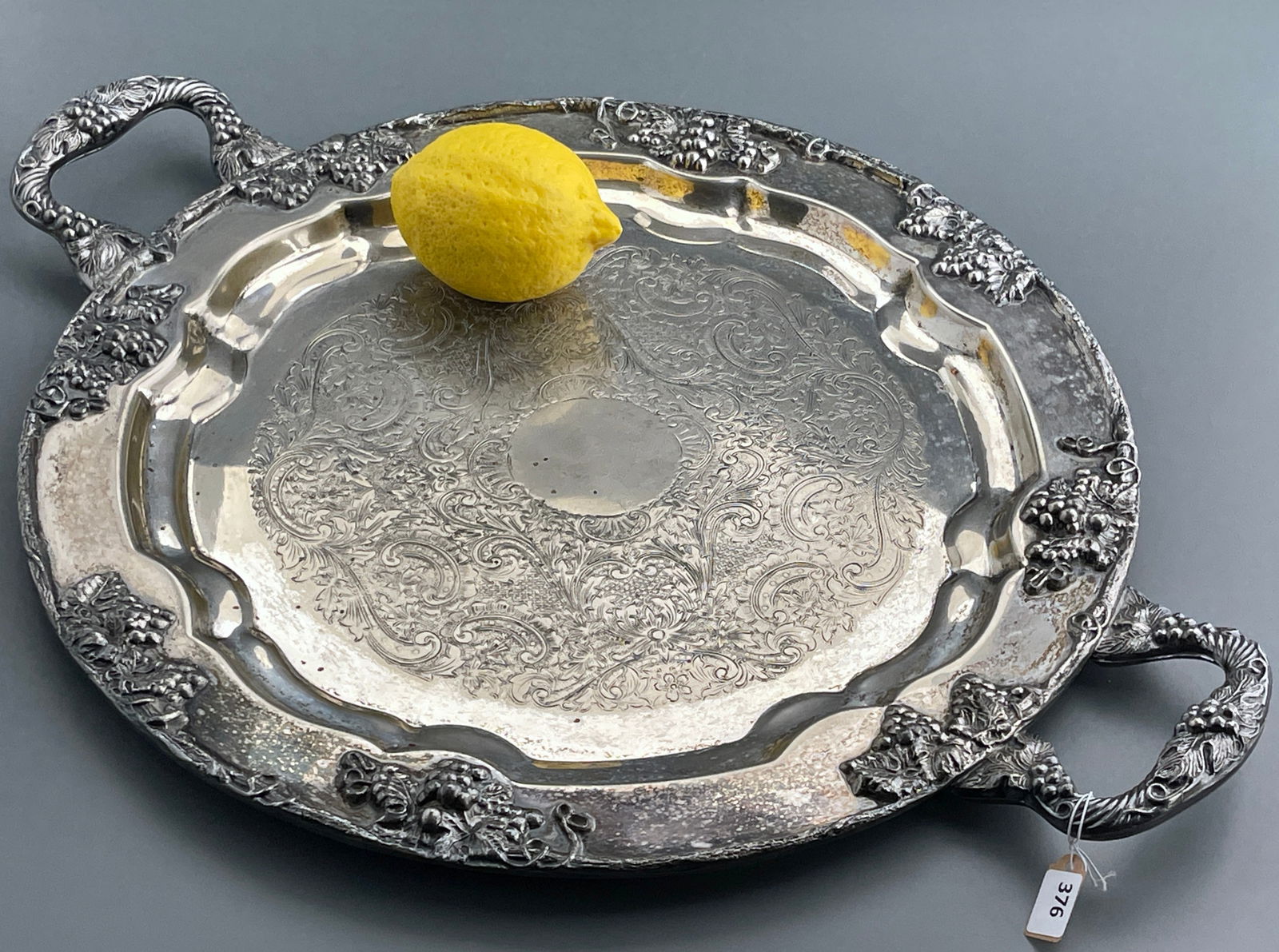 Vintage Silver Plate Round Tray with Handles Bas Relief Grapes Border (1 of 5)