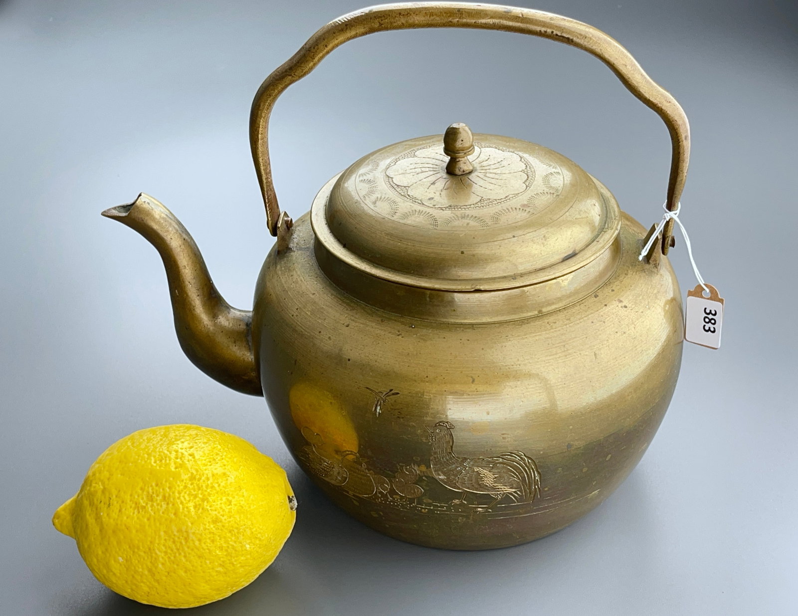 Chinese Tea Pot Kettle Rooster with Chickens Engraved Design: Chinese Tea Pot Kettle Rooster with Chickens Engraved Design Approximately 6 x 8 x 5 1/2 inches tall overall without the handle.