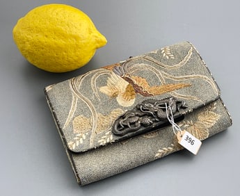 Japanese Phoenix Bird Embroidered Wallet Tobacco Pouch Chiseled Silver Dragon Clasp Needs
