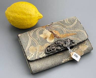 Japanese Phoenix Bird Embroidered Wallet Tobacco Pouch Chiseled Silver Dragon Clasp Needs: Japanese Phoenix Bird Embroidered Wallet Tobacco Pouch Chiseled Silver Dragon Clasp Needs Reattachment Approximately 4 x 5 3/4 inches.