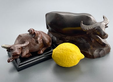 Water Buffalo Oriental Carved Wood Ashtray & Other Figurine with Damages