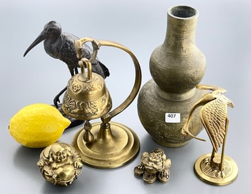 Stork Figurine Gourd Shaped Vase Collection of Asian Cast Brass Buddha Crane Bell on Stand Lot of
