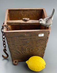 Japanese Cast Iron Square Well Water Bucket Shaped as Wooden Basket with Bronze Bird Figurine on the