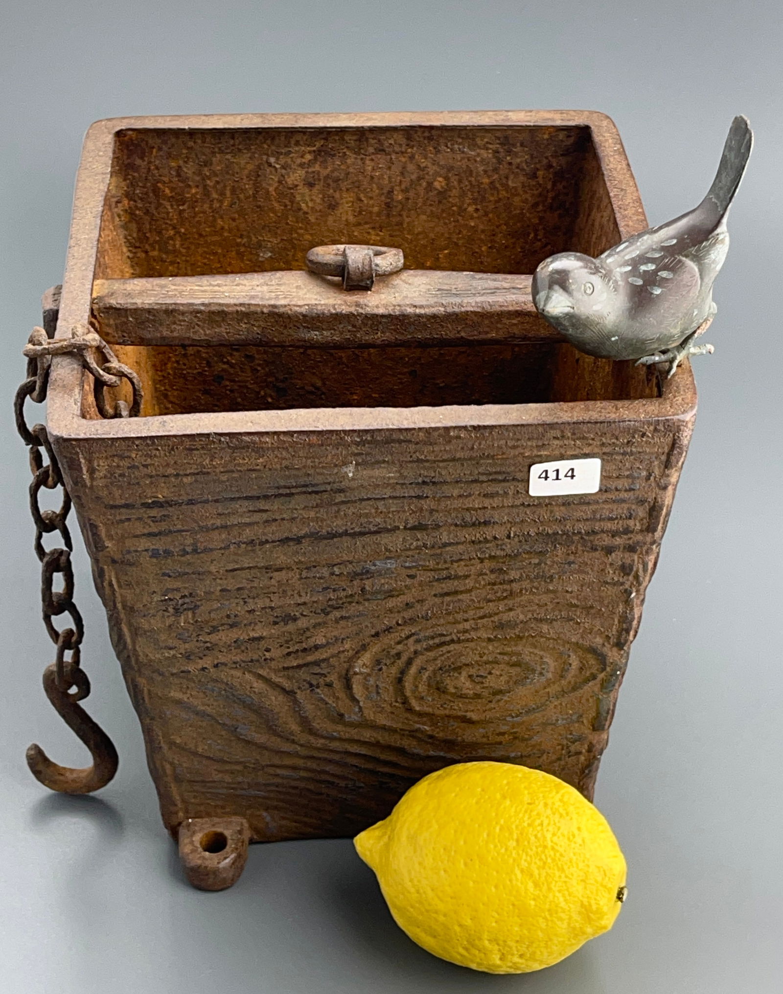 Japanese Cast Iron Square Well Water Bucket Shaped as Wooden Basket with Bronze Bird Figurine on the (1 of 7)