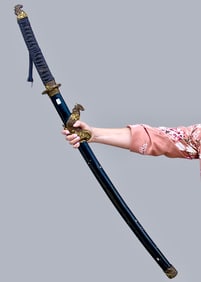 Katana Samurai Sword Wavy Hamon Pattern Blade Bronze Rooster Handle on Scabbards Marked on the Tang