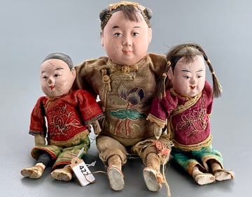 Vintage Chinese Dolls Carved Wood Composition Heads Embroidered Silk Collection of 3