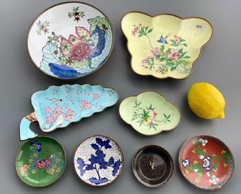 Chinese Enamel Dishes Cloisonne Canton Porcelain Brass Clad Wall Plaque Plate etc. Lot as pictured