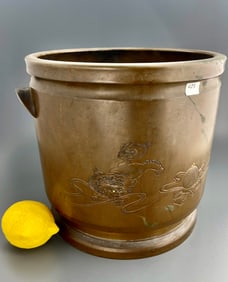 Chinese Foo Dogs Bronze Planter Chiseled Gold Eyes Fu Lions Signed Pot