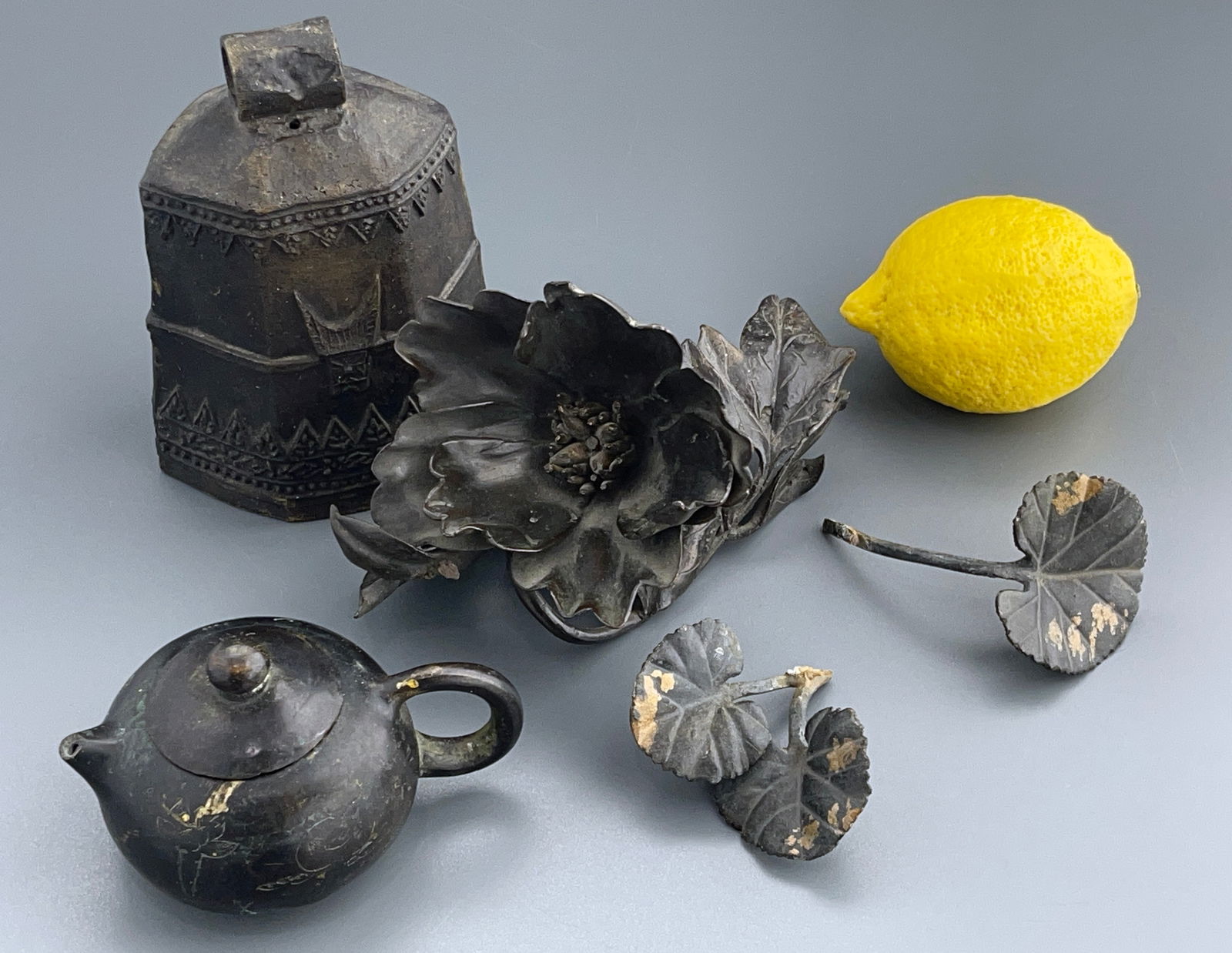 Oriental Bronze Group Small Teapot Cast Bronze Bell Without Clapper Flower Water Lily Leaf Parts (1 of 5)