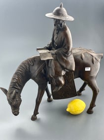 Large Chinese Scholar Riding Horse Vintage Cast Iron Sculptural Group