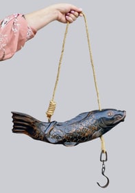Japanese Carved Wood Koi Fish Jizai Kagi Counterweight Rope Irori Hearth Pot Hook