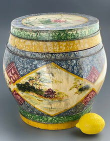 Chinese Wooden Barrel Storage Container Hand Painted Wood Rice Box