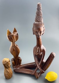 Mid Century Modern Decor Wood Carved Sculpture Thailand Seamise Naked Maiden Stylised Cat Hawaiian
