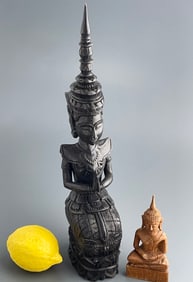 Thai Thephanom Guardian Angel Carved Wood Statue & Small Buddha Wooden Figurine Lot of 2 Wood