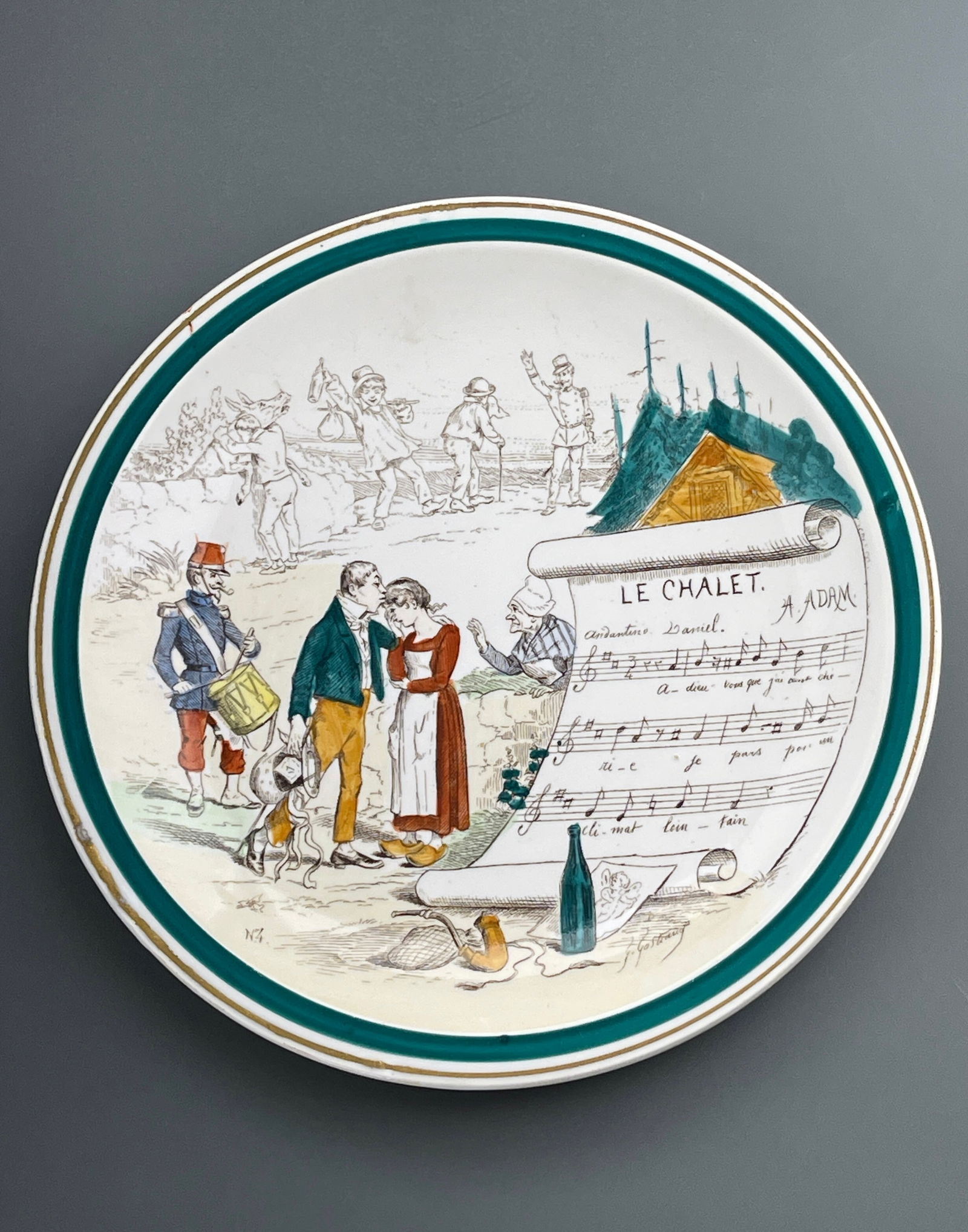 French Antique Faience Cabinet Plate Musical Theme & Scenes from Le Chalet Opera by French Composer: French Antique Faience Cabinet Plate Musical Theme & Scenes from Le Chalet Opera by French Composer Adolphe Adam Originally Sold by Maria?s Antique in Los Gatos Sujets Musicaux France c.1900 Approxima