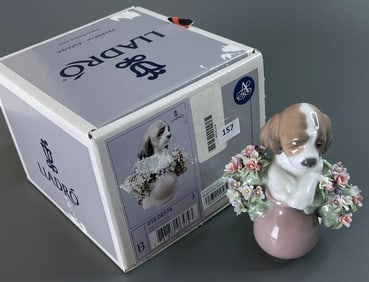 Take Me Home! Porcelain Puppy Figurine in a Glossy Vase Filled With Flowers of Various Colors Lladro