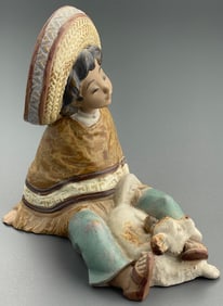 Lladro Paco Pancho 2166 Gres Porcelain Figurine Mexican Boy Wearing a Poncho and Sombrero Sitting
