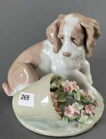Lladro It Wasn t Me Figure 7672 Figurine Depict a Spaniel Dog that has Knocked over a Flower Pot