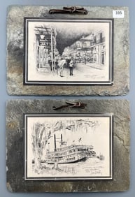 Don Davey Bourbon Street New Orleans Steamer Natchez Steamboat Vintage Mid Century Engraving Mounted