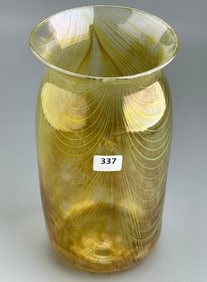 Vintage Iridescent Pulled Feather Pontil Blown Studio Signed Art Glass Vase
