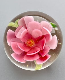 Vintage Pink Flower Art Glass Paperweight