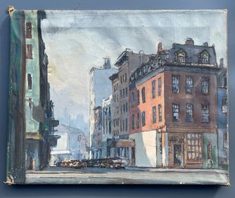 Soho Street Scene Vintage Architectural Painting on Canvas Circa First Part of 20th Century